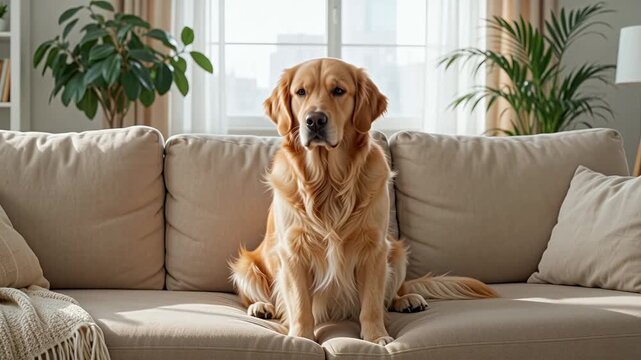 Golden retriever dog sitting on a beige sofa in a bright living room with plants