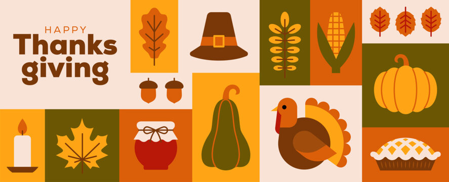 Thanksgiving banner or gritting card design with geometric autumn festive icons and symbols in grid pattern. Giving thanks holiday background.