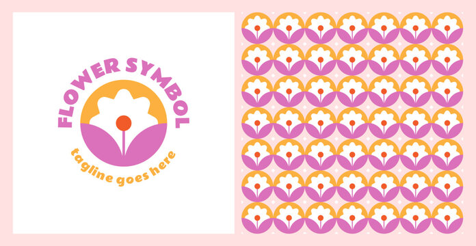 Cute and playful abstract flower logo in a circle shape and a seamless pattern for kids, children design concept