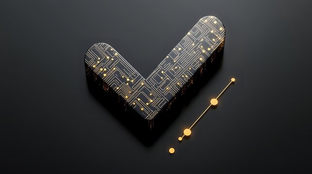 Checkmark symbol made from circuit board pattern with glowing golden