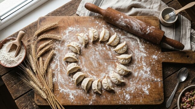 Handmade raw dumplings arranged in spiral pattern on wooden board for cooking preparation , ready for steaming or boiling in rustic kitchen setting