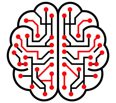 Digital brain circuit vector graphic illustration featuring red and black lines