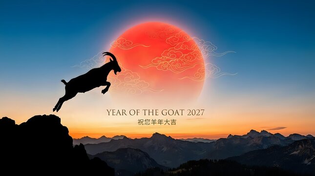 Silhouette of a leaping goat against a red sun and mountain sunset