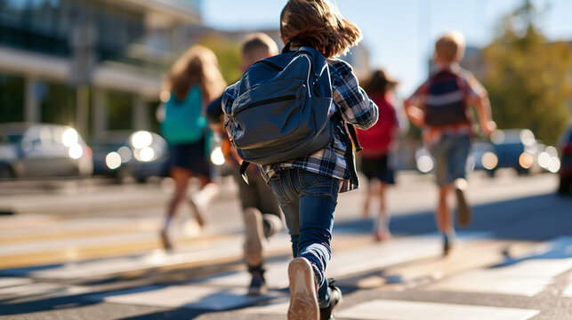 Rear view of happy school children in uniforms running together across a bright crosswalk backpacks bouncing with motion blur back to school concept outdoor with copy space