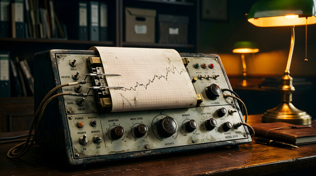 Vintage polygraph machine lie detector on an old wooden desk with warm light and a classic green banker lamp in a dark atmospheric retro office for investigation