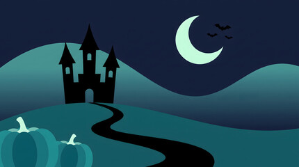 Fototapeta premium Haunted castle under full moon with bats flying over misty night landscape
