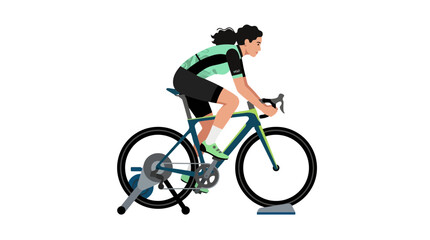 Fototapeta premium Female athlete training on indoor road bike trainer vector illustration