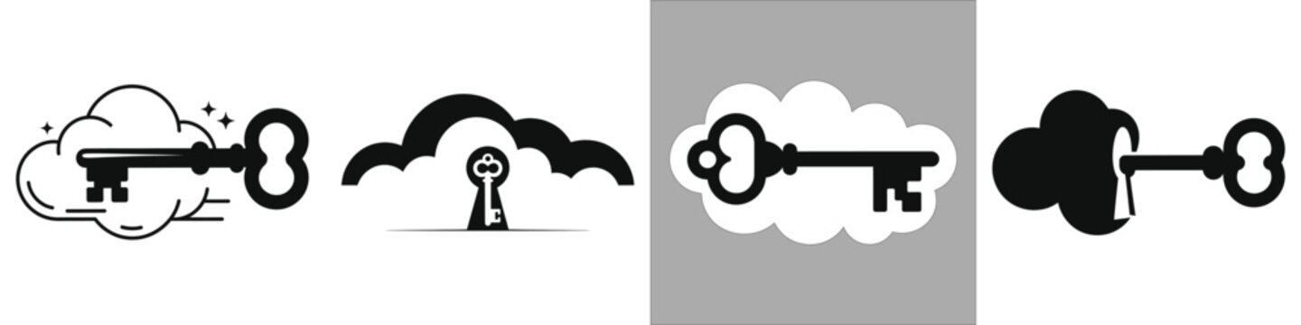 Key Unlocking Cloud Vector Silhouette Set - Surreal Concept Icon for Cloud Computing, Security, Access, Fantasy, and Data Storage