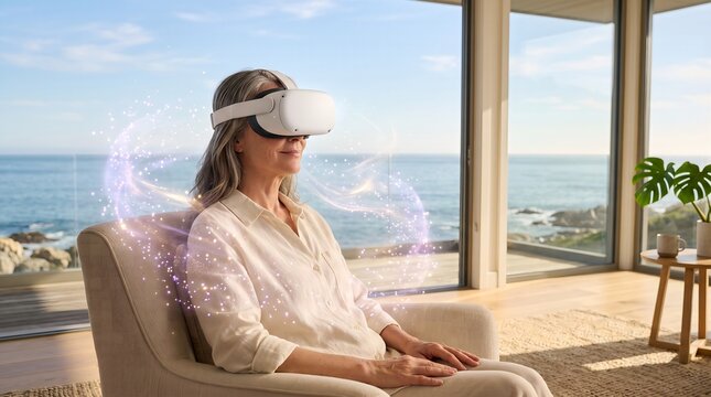 Mature woman relaxing on patio with VR headset enjoying coastal virtual reality experience