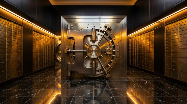Grand steel bank vault door with complex locking mechanism in a luxurious financial institution corridor rows of golden safety deposit boxes secure wealth management banking security