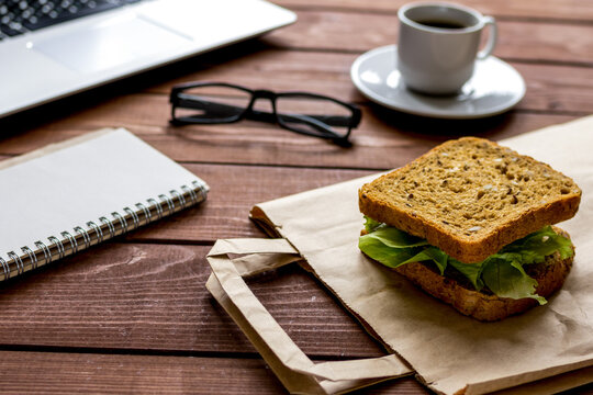 concept of lunch in officeat work top view