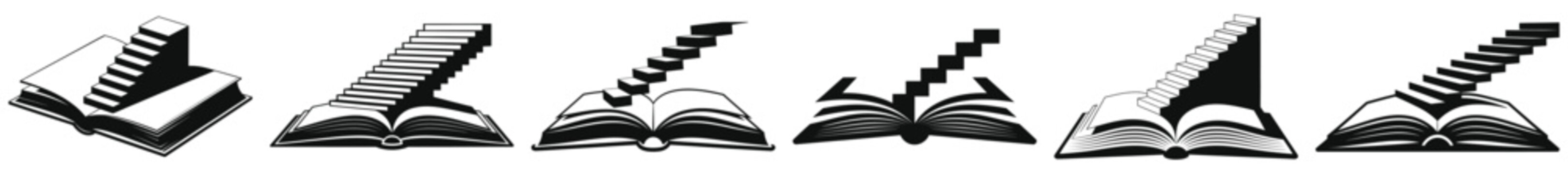Surreal Book with Stairs Vector Silhouette Set, Open Book Staircase Conceptual Illustration, Knowledge Journey and Learning Steps Graphic Collection, Abstract Fantasy Storytelling Icon Design