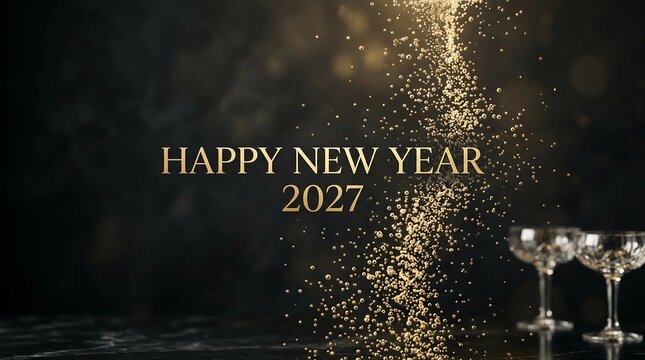 An elegant holiday composition featuring golden glitter particles cascading down beside two champagne coupes and the golden text happy new year 2027 against a textured dark background