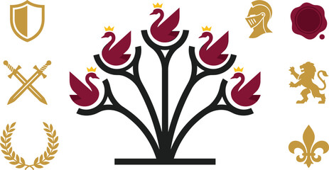 Heraldic luxury emblem vector set with crowned swans shield swords lion royal fleur de lis © Mukta