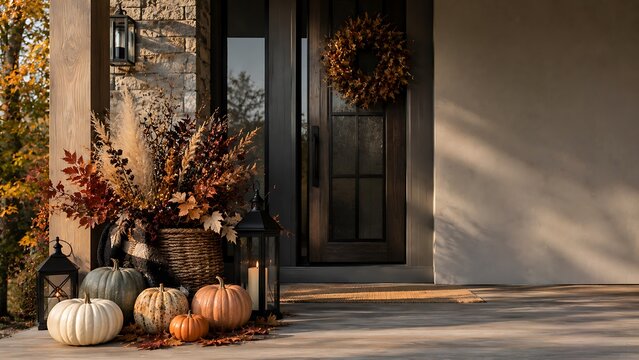 Autumn pumpkins and dried flowers by doorstep