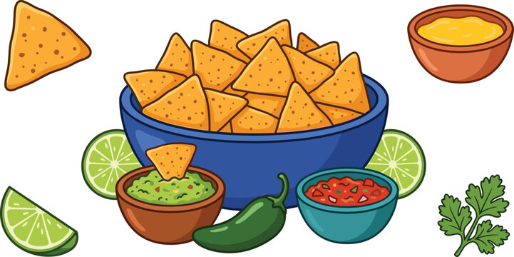 Mexican nachos tortilla chips vector cartoon set with guacamole salsa cheese dip and fresh lime