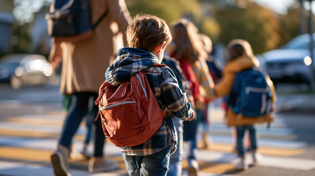 Rear view of teacher and group of elementary students walking across a bright zebra crossing backpacks in varied colors bobbing gently education safety and daily routine concept outdoor