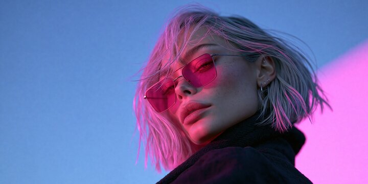 Portrait of a blonde woman in pink sunglasses and black turtleneck against blue and magenta neon light with dramatic backlighting and shallow depth of field Expression of bold fashion