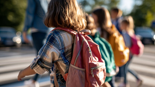 Rear view of teacher and group of elementary students walking across a bright zebra crossing backpacks in varied colors bobbing gently education safety and daily routine concept outdoor