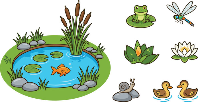 Pond ecosystem wildlife vector icon set with frog fish duckling dragonfly cattail and water lily