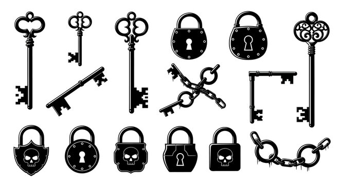 Vintage skeleton keys and antique padlocks, gothic black silhouettes of locks and keys, 14 vector elements for mystery and security design