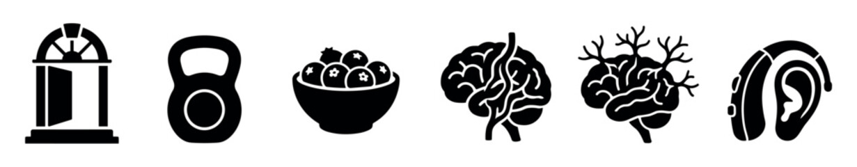 Fototapeta premium Set of black silhouette icons representing concepts of brain health, aging, and wellness, including exercise, nutrition, hearing loss, and neuroplasticity in a simple glyph style