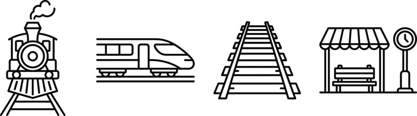 Train railway transit transport outline icon set with locomotive electric train track and station © Mukta