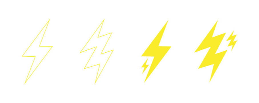 Bright yellow lightning bolt icon. Vector electric lightning bolt logo set. Lightning bolt icon set, Energy and thunder electricity symbol concept. 