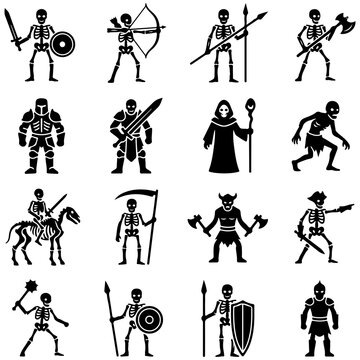 Set of fantasy undead monster and skeleton warrior icons in black silhouette style with game asset undead army monster icon skeleton creature darkness silhouette character collection standing