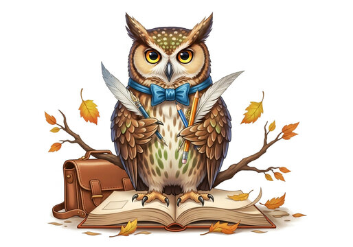 Smart owl teacher with books and pens in autumn
