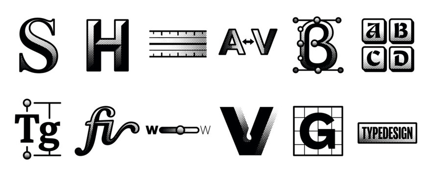 Collection of black and white typography icons with halftone texture representing font design, kerning, leading, and graphic design principles in a retro illustrative style