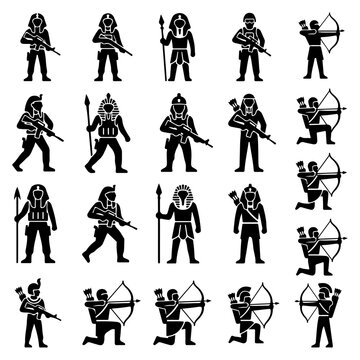 Set of black and white vector icons depicting futuristic soldiers and warriors with advanced weapons and tactical gear sci fi tactical military silhouette character futuristic mercenary