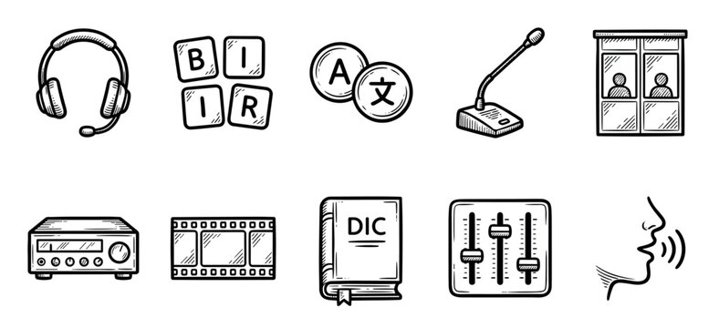 Set of hand-drawn black icons representing translation, interpretation, and language services, featuring a headset, dictionary, microphone, and interpreter booth in a doodle sketch style