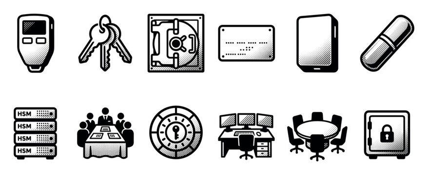 Collection of monochrome cybersecurity and technology icons with a retro halftone dot pattern, including a safe, server, key, meeting, and authentication hardware for business concepts