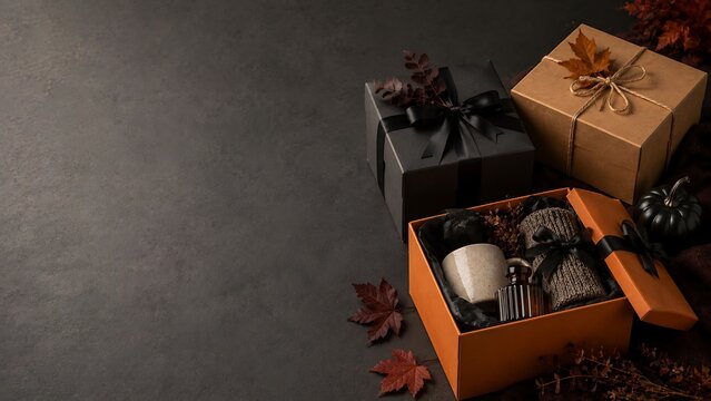 Open gift box with autumnal cozy items inside