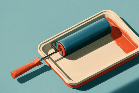 A paint roller with a dark blue sleeve resting inside a rectangular tray containing orange paint, set against a solid light blue background surface