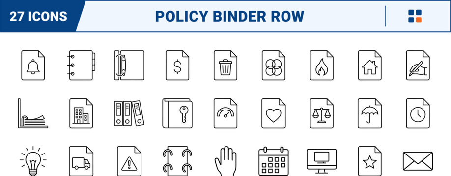 Policy Binder Row line icon set. Vector pictograms of insurance, compliance, document, and management elements, thin linear illustration.