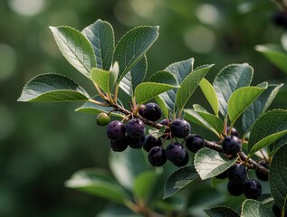 Naklejka premium Alder buckthorn branches show ripe purple berries and green leaves. Closeup of Rhamnus frangula plant stem with drupes growing in summer garden. Healthy food ingredient detail.