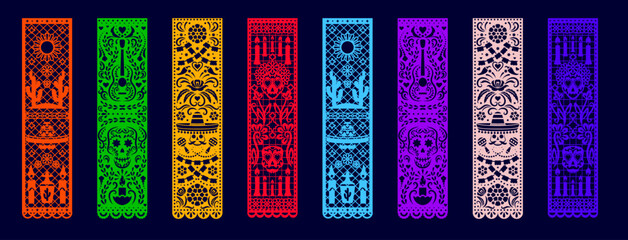 Naklejka na ściany i meble Paper Mexican paper cut border, papel picado holiday frames. Vibrant Latin frames with sugar skulls, guitars, cacti, candles, sombreros and floral patterns for Dia de los Muertos event posters