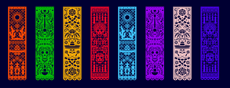 Paper Mexican paper cut border, papel picado holiday frames. Vibrant Latin frames with sugar skulls, guitars, cacti, candles, sombreros and floral patterns for Dia de los Muertos event posters