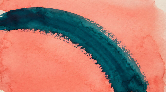 Curved teal watercolor brushstroke on a warm coral painted background, artistic stroke for graphic design elements.