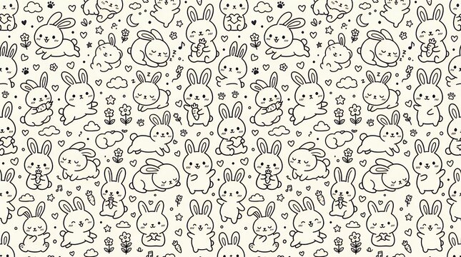 Adorable kawaii bunny line art seamless pattern background with cute rabbit s bunny rabbit pattern seamless kawaii cute line art doodle background cartoon animalwallpaper fabric textile print