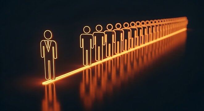 Lone businessman stands apart from glowing line of identical figures, illustrating individuality