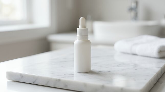 Minimal White Plastic Dropper Bottle Resting On Polished Marble Surface dropper bottle plastic bottle marble surface cosmetic container serum bottle skincare packaging mock up beauty product marble