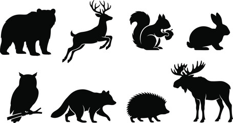 Fototapeta premium Collection of woodland and forest wild animal silhouette icons in black flat design