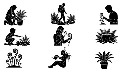 Fototapeta premium Black silhouette illustrations of people exploring ferns and conducting botanical research through outdoor observation, scientific study, and plant discovery activities