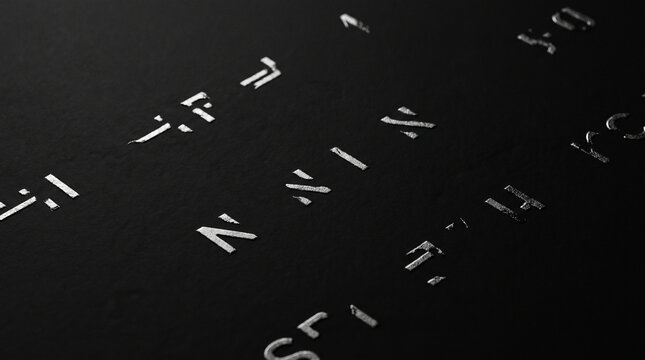 Close-up of silver alphabet letters scattered on dark textured surface for branding design