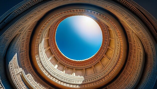 low angle worm s eye view of the historic concrete dome with an oculus and decorative coffers looking up at a clear blue sky in an ancient temple architecture