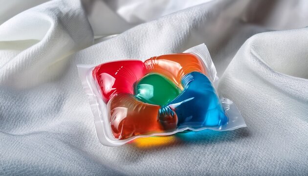 a colorful laundry detergent pod on white fabric