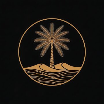Minimalist gold logo of a palm tree silhouette with desert dunes and ocean waves